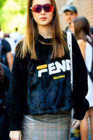 black sweater, checked, fendi, graphic skirt, grey skirt, plaid, printed skirt, printed sweater, sunglasses, street style, jonathan paciullo, FW, frenchystyle, fashion week, MFW, MILAN, SPRING SUMMER 2019, SS 19, vertical, atmosphere details, detail