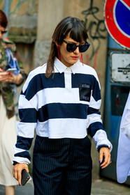 black pants, earrings, graphic pants, graphic top, printed pants, printed top, striped pants, stripes, sunglasses, trousers, white polo, fashion week, frenchystyle, FW, jonathan paciullo, street style, MFW, MILAN, SPRING SUMMER 2019, SS 19, vertical, atmosphere details, detail