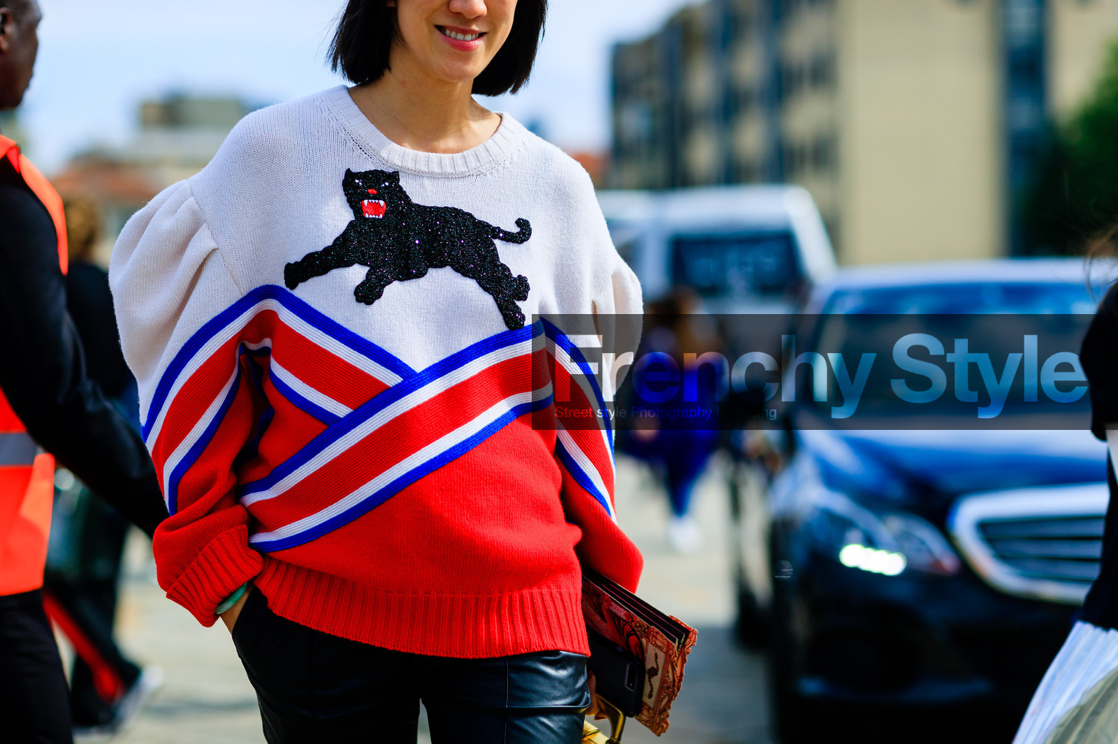 animal print, atmosphere details, black pants, detail, eva chen, fashion week, frenchystyle, FW, graphic sweater, horizontal, jonathan paciullo, leather pants, MFW, MILAN, printed sweater, red sweater, SPRING SUMMER 2017, SS 17, street style, striped sweater, trousers, white sweater