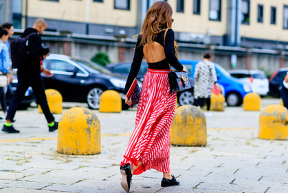 atmosphere details, black loafers, black top, blue bag, fashion week, frenchystyle, full length, FW, geometric, graphic skirt, gucci, horizontal, jonathan paciullo, leather bag, leather shoes, MFW, MILAN, open back, open work, printed bag, printed skirt, red skirt, SPRING SUMMER 2017, SS 17, street style, striped skirt