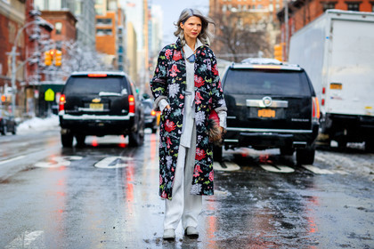 atmosphere details, AUTUMN WINTER 2017-2018, AW 17-18, black coat, dyed hair, FALL WINTER 2017-2018, fashion week, floral, flower, frenchystyle, full length, fur bag, FW, FW 17-18, grey hair, horizontal, jonathan paciullo, leather boots, necklace, NEW YORK, NYFW, printed coat, Samantha Angelo, street style, trousers, white boots, white pants, white shirt