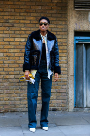 black jacket, black pants, donna wallace, leather bag, leather jacket, leather shoes, sunglasses, trousers, white boots, white shirt, yellow bag, street style, jonathan paciullo, FW, frenchystyle, fashion week, LFW, LONDON, AUTUMN WINTER 2019-2020, AW 19-20, FW 19-20, FALL WINTER 2019-2020, vertical, full length