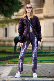 lexi boling, burgundy bombers, burgundy jeans, tie and dye jeans, purple bombers, purple jeans, black sunglasses, celine sunglasses, cropped top, satin bombers, PARIS, PFW, fashion week, frenchystyle, FW, jonathan paciullo, street style, SPRING SUMMER 2021, SS 21, vertical, full length, model
