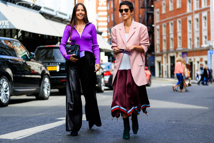 black bag, black pants, black shoes, blazer, bordeaux, burgundy, celenie laura fleur, graphic dress, green boots, high heels, leather bag, leather pants, leather shoes, pink jacket, printed dress, purple sweater, short hair, sunglasses, trousers, yasmin sewell, fashion week, frenchystyle, FW, jonathan paciullo, street style, LFW, LONDON, SPRING SUMMER 2019, SS 19, atmosphere details, horizontal, full length