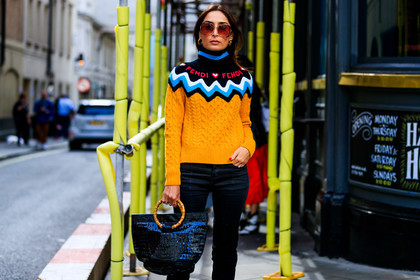black bag, black denim, denim pants, fendi, geraldine boublil, high boots, jeans, leather bag, orange sweater, sunglasses, trousers, fashion week, frenchystyle, FW, jonathan paciullo, street style, LFW, LONDON, SPRING SUMMER 2019, SS 19, atmosphere details, horizontal, detail