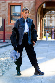 denim, denim shirt, black shirt, black coat, black pants, black leather boots, flat boots, big sole boots, lace boots, prada boots, black leather belt, belted pants, white t-shirt, fur coat, fendi bag, knitwear, knit bag, light blue bag, fashion week, frenchystyle, FW, jonathan paciullo, street style, MFW, MILAN, SPRING SUMMER 2021, SS 21, vertical, full length