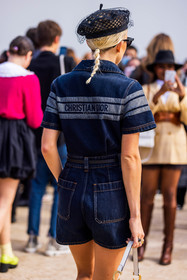 back, back detail, belt, beret, black beret, blue jumpsuit, Caroline Daur, denim jumpsuit, dior look, jumpsuit, leather boots, logo print, rings, short jumpsuit, veil, street style, jonathan paciullo, FW, frenchystyle, fashion week, PFW, PARIS, SPRING SUMMER 2022, SS 22, vertical, atmosphere details