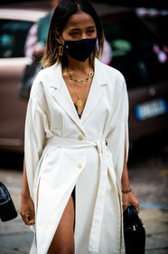 white trench coat, jacket dress, low necked jacket, belted trench coat, belted jacket, split dress, golden necklace, golden earrings, multi necklace, long necklace, blue necklace, vintage necklace, square shape earrings, dangling earrings, covid face mask, street style, jonathan paciullo, FW, frenchystyle, fashion week, MFW, MILAN, SPRING SUMMER 2021, SS 21, vertical, detail