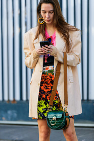 beige jacket, blazer, chloé, earrings, estelle pigault, fendi, floral, flowers, graphic skirt, green bag, leather bag, multicolor skirt, printed skirt, fashion week, frenchystyle, FW, jonathan paciullo, street style, PFW, PARIS, AUTUMN WINTER 2019-2020, AW 19-20, FALL WINTER 2019-2020, FW 19-20, vertical, atmosphere details, detail