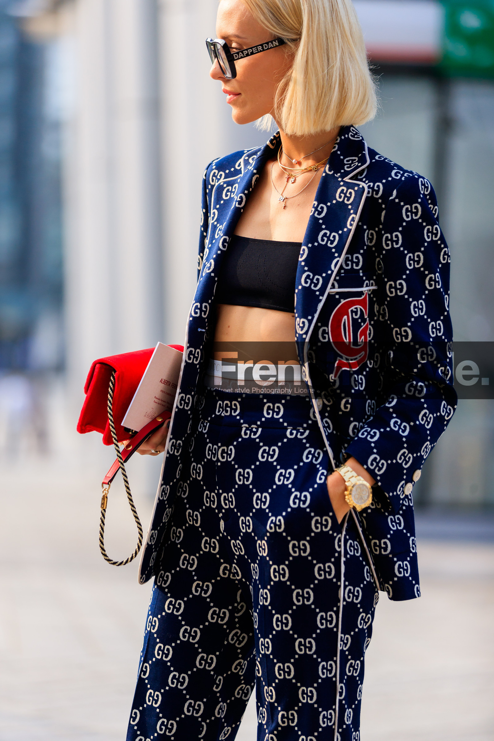 black bra, blue jacket, blue pants, graphic jacket, graphic pants, gucci, leather bag, printed jacket, printed pants, red bag, sunglasses, trousers, viktoria rader, fashion week, frenchystyle, FW, jonathan paciullo, street style, MFW, MILAN, SPRING SUMMER 2019, SS 19, vertical, atmosphere details, detail