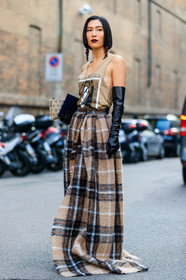 beige top, black gloves, brown skirt, checked, earrings, graphic bag, graphic skirt, graphic top, leather bag, leather gloves, plaid, printed bag, printed skirt, printed top, red lips, tartan, fashion week, frenchystyle, FW, jonathan paciullo, street style, MFW, MILAN, SPRING SUMMER 2019, SS 19, vertical, full length