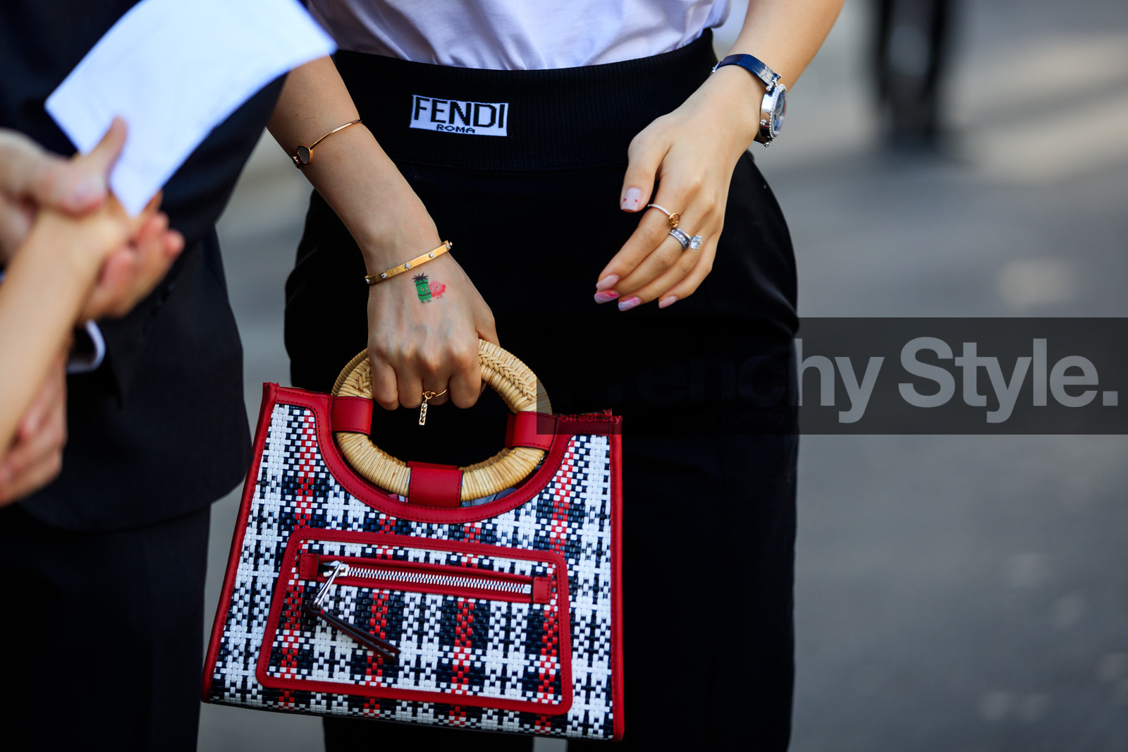 black pants, bracelet, checked, graphic bag, leather bag, plaid, printed bag, red bag, rings, trousers, PFW, fashion week, frenchystyle, FW, jonathan paciullo, street style, PARIS, horizontal, atmosphere details, detail, AUTUMN WINTER 2018-2019, FALL WINTER 2018-2019, FW 18-19