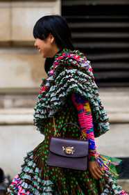 graphic dress, leather bag, multicolor dress, polka dot, printed dress, purple bag, ruffles, susie lau, street style, jonathan paciullo, FW, frenchystyle, fashion week, LFW, LONDON, AUTUMN WINTER 2019-2020, AW 19-20, FW 19-20, FALL WINTER 2019-2020, vertical, atmosphere details, detail