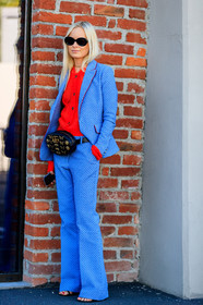 black bag, black shoes, blazer, blue jacket, blue pants, blue suit, embroidered bag, fanny pack, fashion week, frenchystyle, full length, FW, graphic bag, graphic jacket, graphic pants, graphic suit, gucci, high heels, jonathan paciullo, leather bag, leather shoes, MFW, MILAN, printed bag, printed jacket, printed pants, printed suit, red sweater, SPRING SUMMER 2018, SS 18, street style, sunglasses, thora valdimars, trousers, vertical