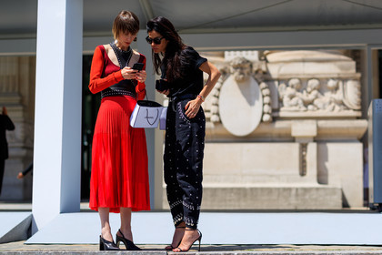 black belt, black pants, black shoes, black t shirt, bordeaux, burgundy, embroidered pants, graphic pants, harness, high heels, leather shoes, pleats, printed pants, red dress, studs, sunglasses, tone on tone, total look black, trousers, fashion week, frenchystyle, FW, jonathan paciullo, street style, PFW, PARIS, horizontal, atmosphere details, full length, AUTUMN WINTER 2018-2019, FALL WINTER 2018-2019, FW 18-19, vika gazinskaya