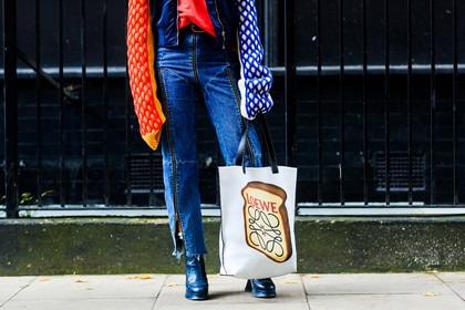 atmosphere details, black shoes, blue denim, blue jacket, bomber jacket, denim pants, detail, fashion week, frenchystyle, FW, graphic jacket, high heels, hoodie, horizontal, jeans, jonathan paciullo, leather bag, leather shoes, LFW, loewe, LONDON, plaid, printed bag, printed jacket, red sweater, SPRING SUMMER 2018, SS 18, street style, Tiffany Hsu, trousers, white bag, zip