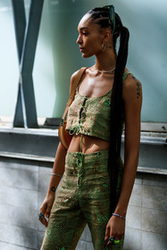 palm angels sunglasses, green sunglasses, square shape glasses, hoop earrings, silvered earrings, cropped top, laced top, sleeveless top, tank top, green pants, green top, printed top, printed pants, laced pants, plaited hair, ponytail, ponytail, fashion week, frenchystyle, FW, jonathan paciullo, street style, PFW, PARIS, AUTUMN WINTER 2021-2022, FALL WINTER 2021-2022, FW 21-22, vertical, atmosphere details, detail, model