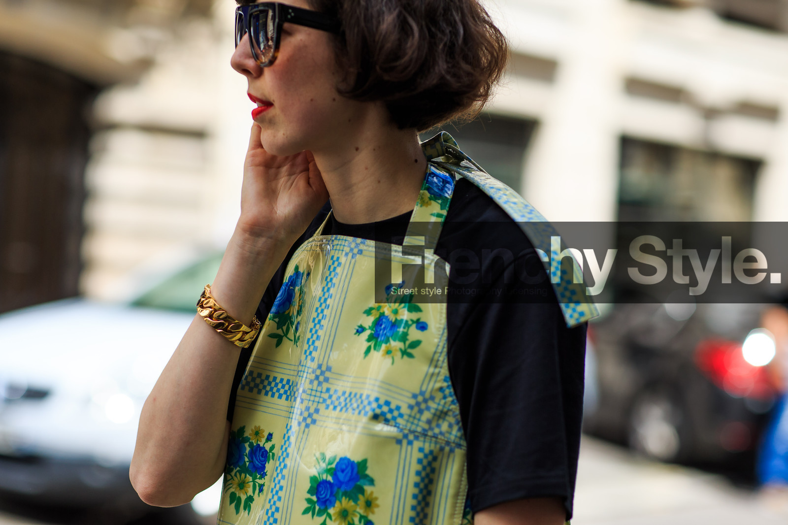 atmosphere details, black t shirt, detail, fashion week, floral, flower, frenchystyle, FW, golden jewelry, horizontal, jonathan paciullo, leather dress, MENSWEAR, PARIS, PFW, printed dress, red lips, SPRING SUMMER 2017, SS 17, street style, sunglasses, yellow dress