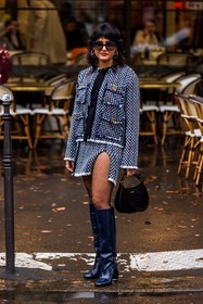 bag, black bag, black boots, blue jacket, blue skirt, boots, earrings, high boots, jacket, leather bag, leather boots, Maria Bernad, silver earrings, skirt, tight, tweed jacket, tweed skirt, fashion week, frenchystyle, FW, jonathan paciullo, street style, PFW, PARIS, SPRING SUMMER 2022, SS 22, vertical, full length