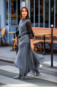 geraldine boublil, grey pullover, grey skirt, sleeveless pullover, fringe pullover, fringe skirt, long skirt, knit skirt, knitwear, fishnet top, sheer top, black top, black leather belt, black leather bag, embroidered bag, shopping bag, shoulder bag, silvered buckle belt, belted pullover, big buckle belt, paco rabanne bag, paco rabanne belt, grey boots, woolen boots, PARIS, PFW, fashion week, frenchystyle, FW, jonathan paciullo, street style, SPRING SUMMER 2021, SS 21, vertical, full length