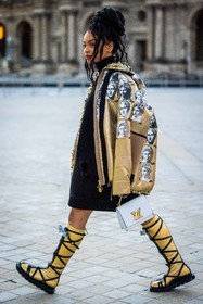 bag, black dress, boots, coat, dress, gold boots, gold coat, high boots, louis vuitton bag, louis vuitton look, print, printed coat, Sharon Alexie, white bag, fashion week, frenchystyle, FW, jonathan paciullo, street style, PFW, PARIS, SPRING SUMMER 2022, SS 22, vertical, full length