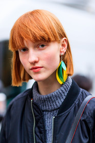 AUTUMN WINTER 2017-2018, AW 17-18, black jacket, bomber jacket, detail, earrings, FALL WINTER 2017-2018, fashion week, frenchystyle, FW, FW 17-18, grey sweater, ina maribo jensen, jonathan paciullo, MFW, MILAN, model, portrait, red hair, street style, vertical