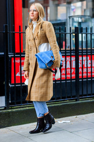 alexandra carl, beige coat, black shoes, blue bag, blue denim, checked jacket, denim pants, fashion week, frenchystyle, full length, FW, graphic jacket, jeans, jonathan paciullo, jw anderson, leather bag, leather shoes, LFW, LONDON, open work, plaid, printed jacket, SPRING SUMMER 2018, SS 18, street style, suede bag, trousers, vertical, white top