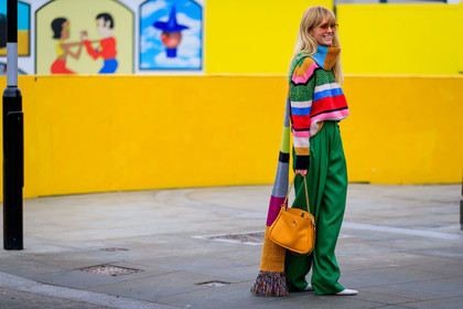 graphic sweater, green pants, jeanette madsen, leather bag, multicolor sweater, printed scarf, printed sweater, striped sweater, sunglasses, trousers, yellow bag, street style, jonathan paciullo, FW, frenchystyle, fashion week, LFW, LONDON, AUTUMN WINTER 2019-2020, AW 19-20, FW 19-20, FALL WINTER 2019-2020, horizontal, atmosphere details, full length
