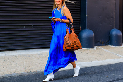 atmosphere details, balenciaga, blue dress, bracelet, Charlotte Groeneveld, detail, fashion week, frenchystyle, FW, high heels, horizontal, iphone, jonathan paciullo, leather bag, leather shoes, long dress, NEW YORK, NYFW, rings, SPRING SUMMER 2018, SS 18, street style, white boots
