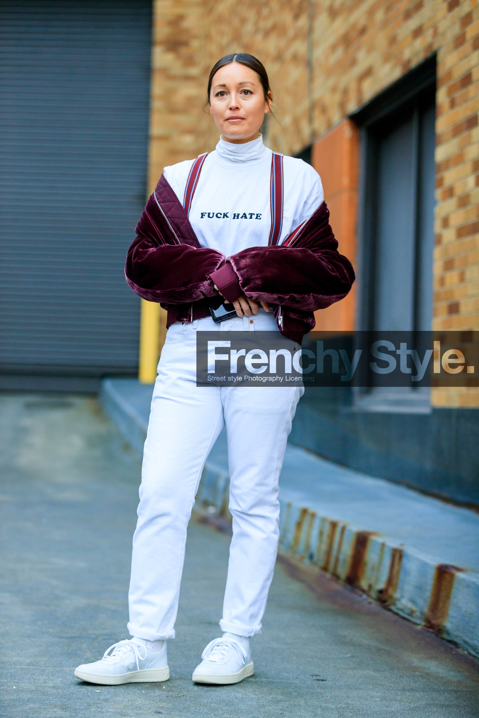 AUTUMN WINTER 2017-2018, AW 17-18, bordeaux, burgundy, denim pants, FALL WINTER 2017-2018, fashion week, frenchystyle, full length, FW, FW 17-18, jeans, jonathan paciullo, leather sneakers, levi's, NEW YORK, NYFW, rachael wang, red jacket, street style, trousers, veja, velvet, vertical, white denim, white sneakers, white top