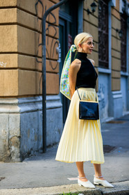 black bag, black top, blue scarf, caro daur, earrings, headscarf, leather bag, pleated skirt, sunglasses, yellow skirt, black bag, black top, caro daur, earrings, leather bag, leather shoes, pleated skirt, sunglasses, white shoes, yellow skirt, fashion week, frenchystyle, FW, jonathan paciullo, street style, MFW, MILAN, SPRING SUMMER 2019, SS 19, vertical, full length
