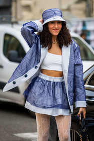 blue bob, blue jacket, blue skirt, bob, crop top, gucci tight, jacket, mini skirt, printed jacket, printed skirt, skirt, tight, tulle, victoria tomas look, white crop top, white tight, fashion week, frenchystyle, FW, jonathan paciullo, street style, PFW, PARIS, SPRING SUMMER 2022, SS 22, vertical, atmosphere details