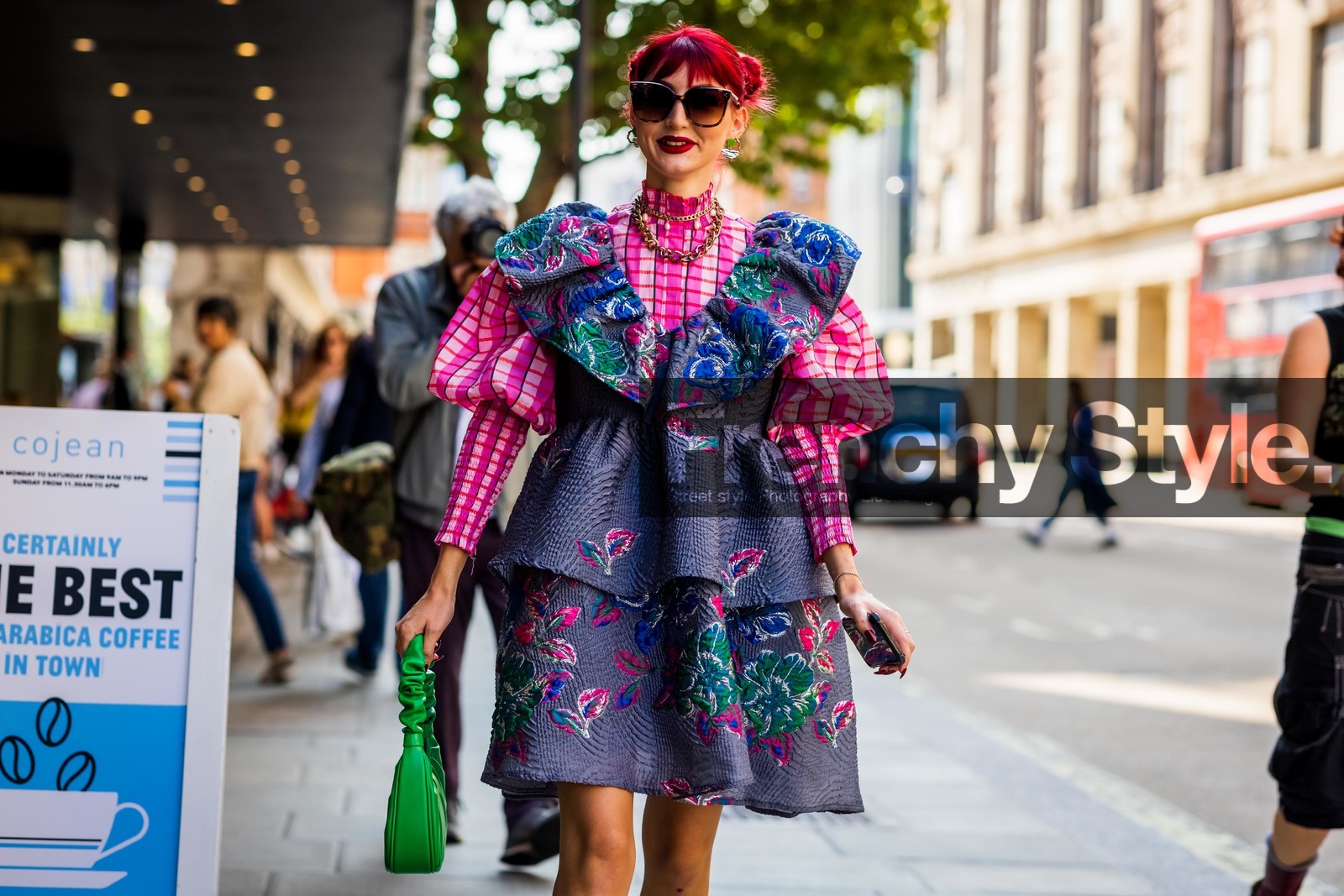 Eve Lily, print, flower dress, flowered dress, plaid shirt, ruffles, handbag, green, pink, sunglasses, earrings, necklace, fashion week, frenchystyle, FW, jonathan paciullo, street style, SPRING SUMMER 2022, SS 22, LFW, LONDON, horizontal, atmosphere details, detail