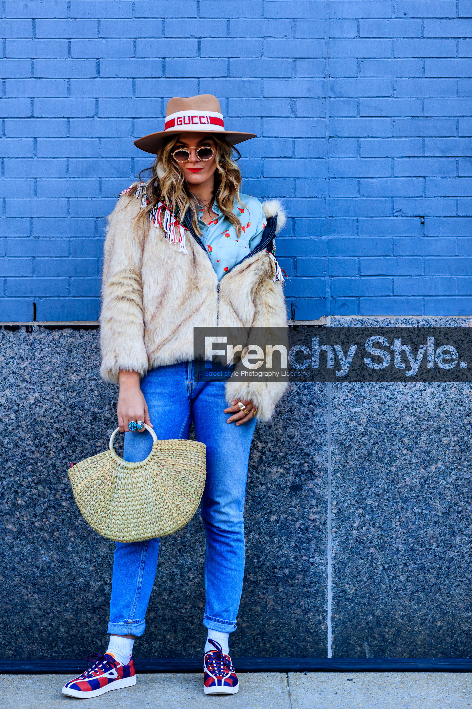 beige hat, blue denim, blue shirt, denim pants, fringes, fur jacket, graphic shoes, gucci, jeans, leather shoes, natural fur, printed shirt, printed shoes, straw bag, sunglasses, trousers, street style, jonathan paciullo, FW, frenchystyle, fashion week, NYFW, NEW YORK, AUTUMN WINTER 2018-2019, AW 18-19, FALL WINTER 2018-2019, FW 18-19, vertical, full length