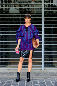 black boots, black cap, black skirt, brown bag, earrings, fashion week, frenchystyle, full length, FW, high heels, jonathan paciullo, julia k, leather bag, leather shoes, MENSWEAR, PARIS, PFW, purple sweater, shiny sweater, SPRING SUMMER 2018, SS 18, street style, vertical