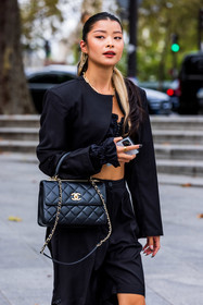 bag, black crop top, black jacket, black pants, Caroline Hu, chanel bag, crop top, cut out, earrings, gold earrings, jacket, leather bag, pants, quilted bag, fashion week, frenchystyle, FW, jonathan paciullo, street style, PFW, PARIS, SPRING SUMMER 2022, SS 22, vertical, atmosphere details