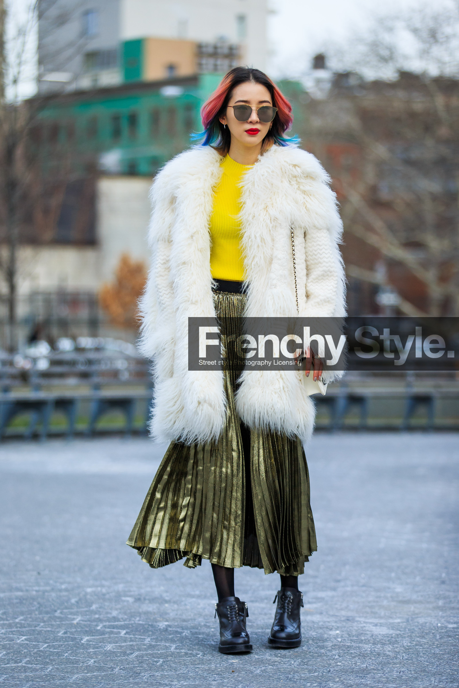 AUTUMN WINTER 2016-2017, AW 16-17, black boots, chanel, dyed hair, FALL WINTER 2016-2017, fashion week, frenchystyle, full length, fur coat, fur jacket, FW, FW 16-17, irene kim, jonathan paciullo, leather bag, leather boots, metallic skirt, NEW YORK, NYFW, pink hair, pleated skirt, street style, sunglasses, vertical, white bag, white fur, woman