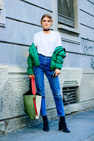 black boots, blue denim, choker, denim pants, down jacket, fashion week, frenchystyle, full length, FW, graphic bag, green bag, green jacket, high heels, jeans, jonathan paciullo, leather bag, leather shoes, MFW, MILAN, model, nana abramova, necklace, off the shoulder, printed bag, SPRING SUMMER 2017, SS 17, street style, suede shoes, trousers, vertical, white t shirt
