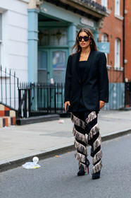 patricia manfield, futurist shape sunglasses, black jacket, oversize jacket, long jacket, louboutin boots, high boots, fringe boots, silvered boots, metalic boots, golden boots, fashion week, frenchystyle, FW, jonathan paciullo, street style, vertical, full length