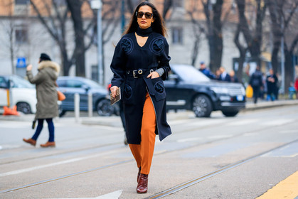 atmosphere details, AUTUMN WINTER 2017-2018, AW 17-18, black coat, black scarf, brown boots, FALL WINTER 2017-2018, fashion week, frenchystyle, full length, FW, FW 17-18, high heels, horizontal, jonathan paciullo, leather shoes, MFW, MILAN, nausheen shah, orange pants, street style, sunglasses, trousers