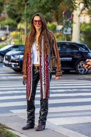 asymetrical shirt, aviator, beige bag, belt, black belt, boots, brown boots, brown santiags, color, croco boots, Estelle Chemouny, fringes, gold necklace, gucci bag, leather belt, leather boots, leather pants, multicolor, necklace, pants, print, printed bag, ring, santiags, scarf, shirt, stacking necklace, striped shirt, stripes, sunglasses, tortoise sunglasses, white t-shirt, fashion week, frenchystyle, FW, jonathan paciullo, street style, PFW, PARIS, SPRING SUMMER 2022, SS 22, vertical, full length