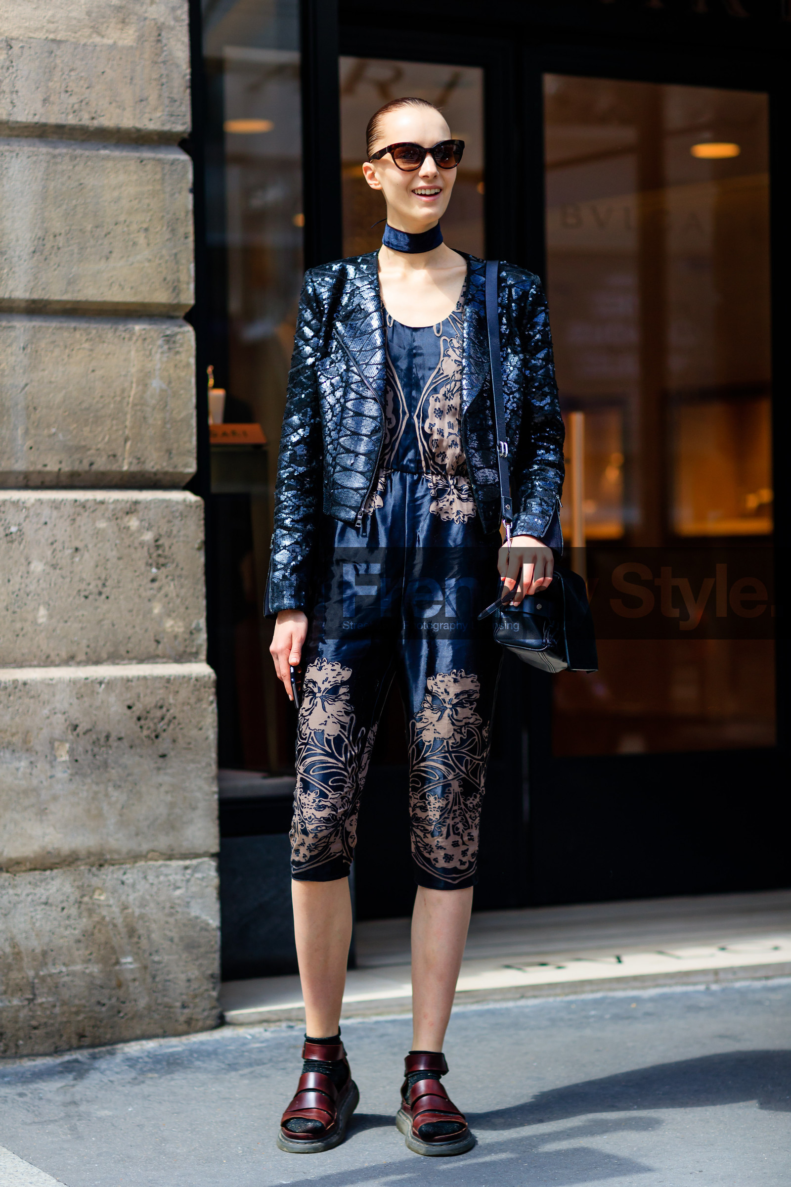 AUTUMN WINTER 2016-2017, AW 16-17, black bag, blue jumpsuit, bordeaux, burgundy, embroidered jumpsuit, FALL WINTER 2016-2017, fashion week, frenchystyle, full length, FW, FW 16-17, HAUTE COUTURE, jonathan paciullo, lace jumpsuit, leather bag, leather shoes, MENSWEAR, model, navy jumpsuit, PARIS, PFW, printed jumpsuit, pulled back hair, red sandals, red shoes, sequined jacket, street style, sunglasses, vertical, wet hair