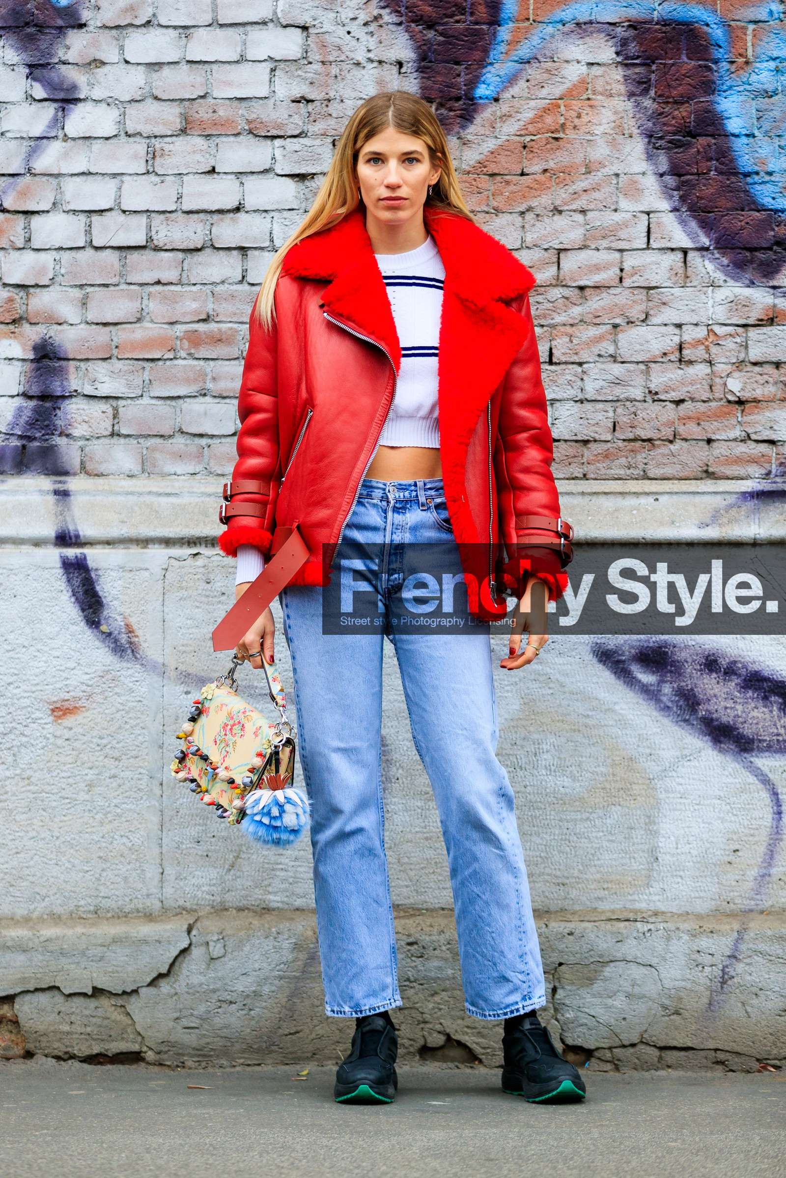 AUTUMN WINTER 2017-2018, AW 17-18, beige bag, black sneakers, blue denim, cropped top, denim pants, FALL WINTER 2017-2018, fashion week, fendi, floral, flower, frenchystyle, full length, FW, FW 17-18, graphic sweater, jeans, jonathan paciullo, leather bag, leather jacket, leather shoes, MFW, MILAN, printed bag, red jacket, street style, striped sweater, trousers, veronika heilbrunner, vertical, white sweater