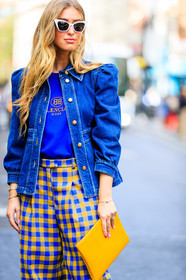 balenciaga, blue denim, blue t shirt, checked, denim jacket, emili sindlev, graphic pants, leather bag, plaid, printed pants, sunglasses, trousers, wide pant, yellow bag, yellow pants, fashion week, frenchystyle, FW, jonathan paciullo, street style, LFW, LONDON, SPRING SUMMER 2019, SS 19, vertical, detail, atmosphere details