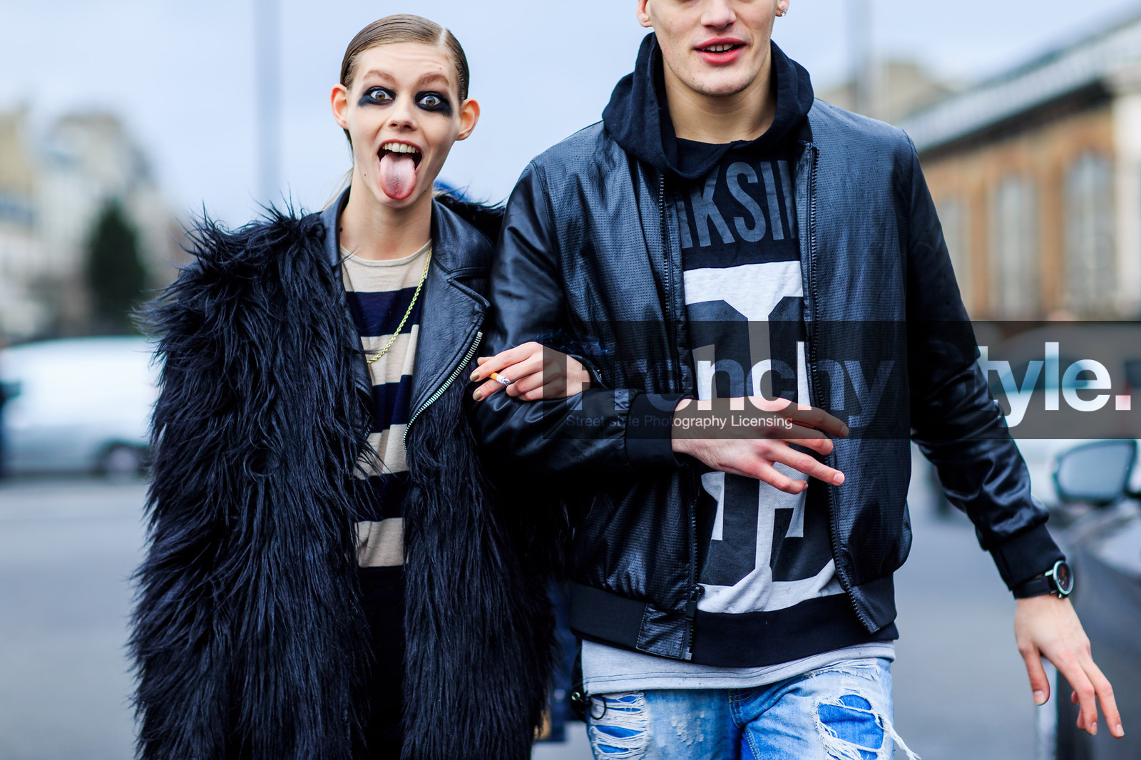 atmosphere details, AUTUMN WINTER 2016-2017, AW 16-17, black fur, black jacket, black sweater, blue denim, bomber jacket, denim pants, detail, eyeliner, eyeshadow, FALL WINTER 2016-2017, fashion week, frenchystyle, fur jacket, FW, FW 16-17, hoodie, horizontal, jeans, jonathan paciullo, model, ondria hardin, PARIS, PFW, printed sweater, pulled back hair, street style, trousers, wet hair