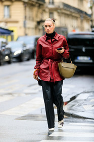 flora macdonald johnston, red leather shirt, kaki leather bag, black leather pants, belted shirt, wandler bag, square shape earrings, golden earrings, dangling earrings, white leather boots, brown leather boots, patchwork boots, fashion week, frenchystyle, FW, jonathan paciullo, street style, PFW, PARIS, vertical, full length