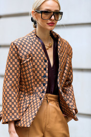 beige jacket, camel pants, checked, graphic jacket, leather jacket, leather pants, leonie hanne, monogram, necklace, plaid, printed jacket, sunglasses, trousers, street style, jonathan paciullo, FW, frenchystyle, fashion week, LFW, LONDON, AUTUMN WINTER 2019-2020, AW 19-20, FW 19-20, FALL WINTER 2019-2020, vertical, atmosphere details, detail