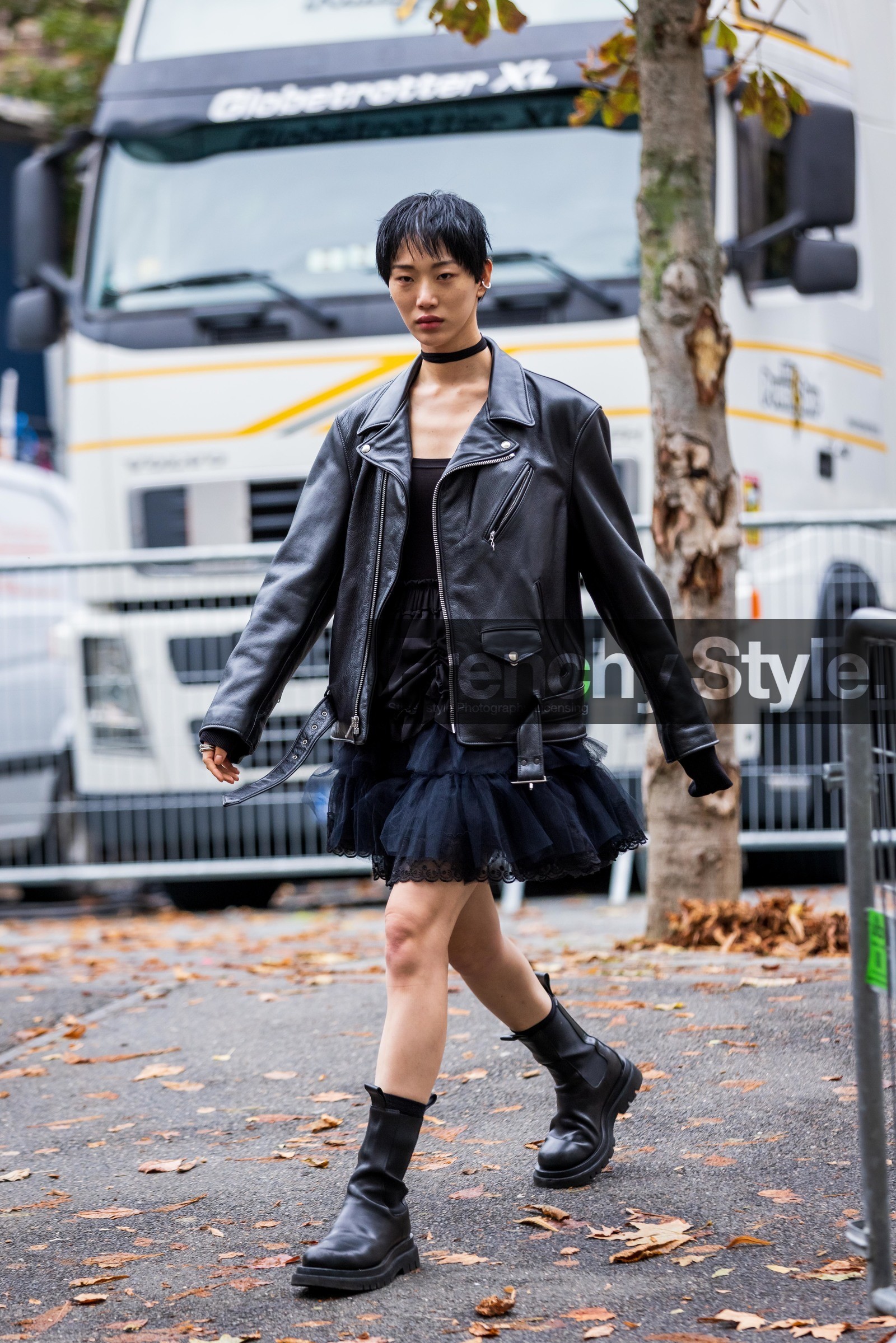 black boots, black monochrome, black perfecto, boots, choker, lace skirt, leather boots, leather perfecto, mini skirt, monochrome, perfecto, ruffles, skirt, Sora Choi, tulle skirt, fashion week, frenchystyle, FW, jonathan paciullo, street style, PFW, PARIS, SPRING SUMMER 2022, SS 22, vertical, full length