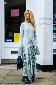 black bag, black shoes, fashion week, frenchystyle, full length, FW, graphic dress, green dress, jeanette madsen, jonathan paciullo, jw anderson, leather bag, leather shoes, LFW, LONDON, printed dress, ruffles, SPRING SUMMER 2018, SS 18, street style, striped dress, tie & die, vertical, white dress