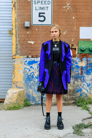 alexander wang, black bag, black shoes, black t shirt, blue jacket, courtney trop, graphic jacket, graphic skirt, leather bag, leather shoes, leather skirt, necklace, pleated skirt, printed jacket, printed skirt, printed t shirt, purple skirt, studs, street style, jonathan paciullo, FW, frenchystyle, fashion week, NYFW, NEW YORK, SPRING SUMMER 2019, SS 19, vertical, full length